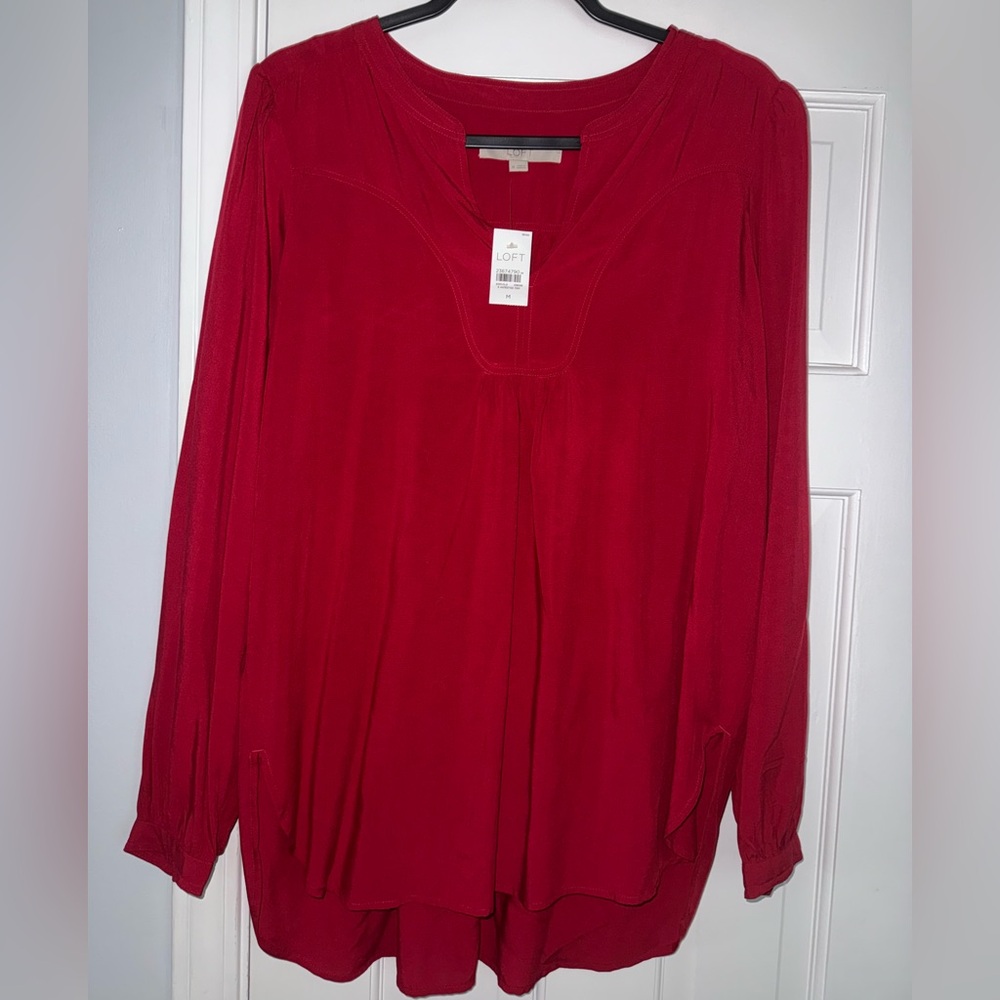 Loft Ann Taylor Red Tunic Long Sleeve Split Neck SZ Medium
